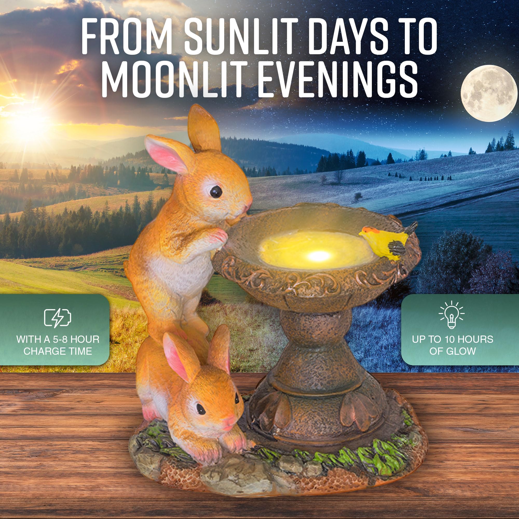 GloBrite Solar Rabbit Bird Bath for Garden | Outdoor Statue Gifts | Waterproof Resin Sculpture With Solar Lights for Christmas Decorations & Home Decor